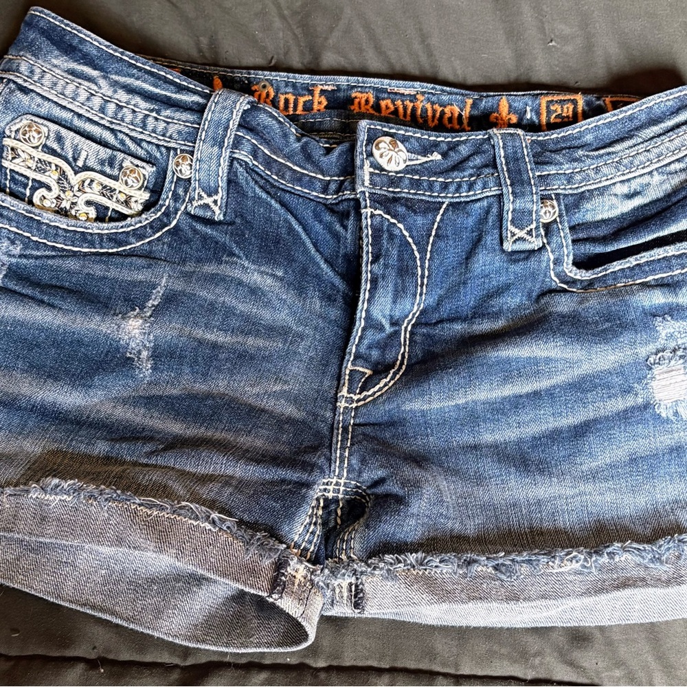 Rock Revival Faded Blue Distressed Denim Shorts with Embroidered Pockets